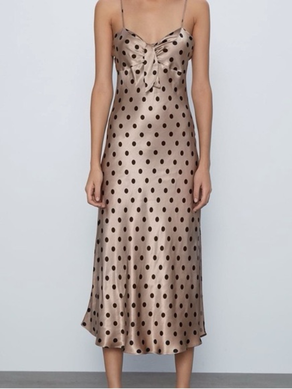 Zara Polka Dot Slip Dress Size M Medium Tan Brown Black Sweetheart Tie Front New